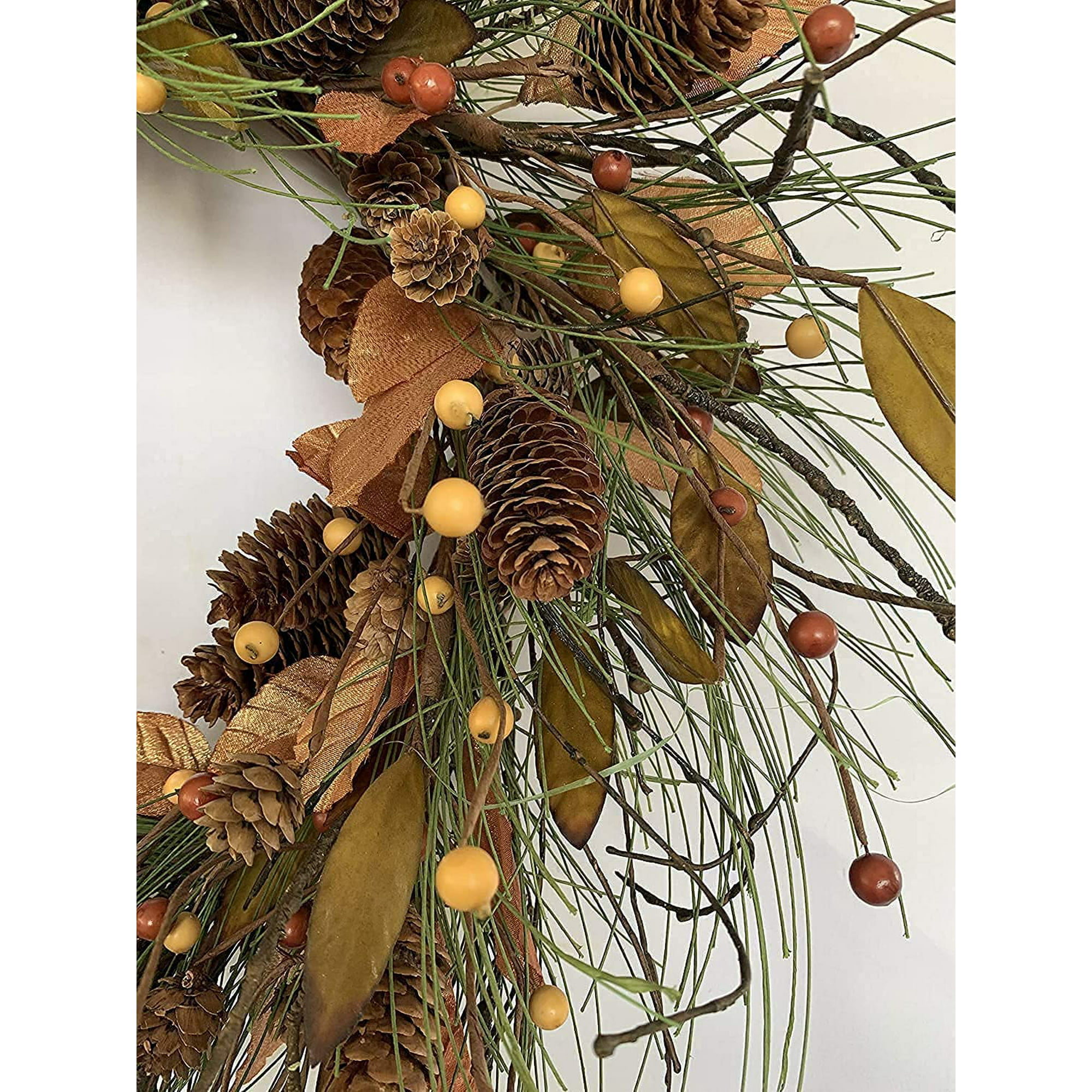 24 Inch Fall Winter Pip Berry Wreath Autumn Artificial Eucalyptus Front Door Wreath Orange Flower Pinecones Ivory Foliage Mixed Wreath on Farmhouse Grapevine for Wall Window Decoration Home Décor 